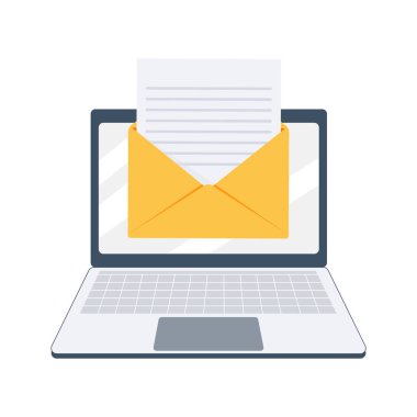 Ekran laptopunda zarfı aç. E-posta göndermek ve almak. E-posta mesajı. Mesajlaşma.