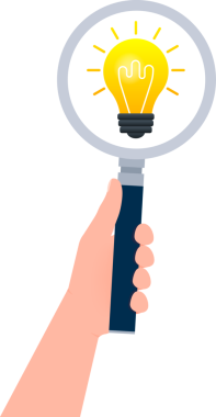 Search idea. Magnifying glass in hand. Ideas Analysis. Light bulb