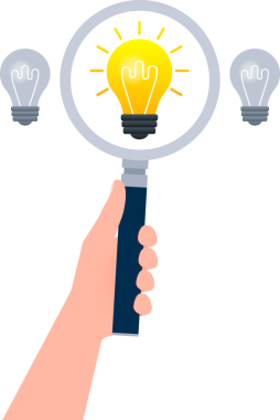 Search idea. Magnifying glass in hand. Ideas Analysis. Light bulb