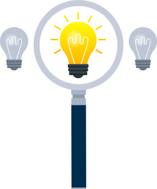 Search idea. Magnifying glass icon. Ideas Analysis. Light bulb