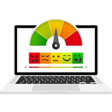 Farklı duygular kavramına sahip kredi puanı ölçer beyaz arkaplanda izole.