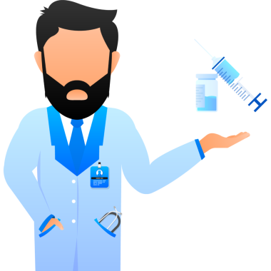 Aşı COVID-19 ikonu. Şırınga ve mavi aşı şişesi. resimleme.