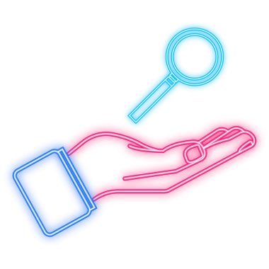 Neon Simgesi. Elinde büyüteç simgesi var. Gradient Ağ ile. resimleme