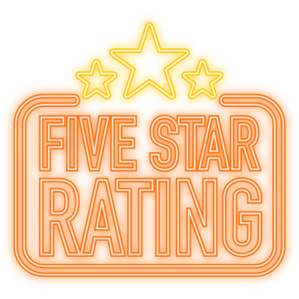 Neon Simgesi. 5 yıldız puanı. Derecelendirme yıldızları beyaz arkaplandalar. resimleme.