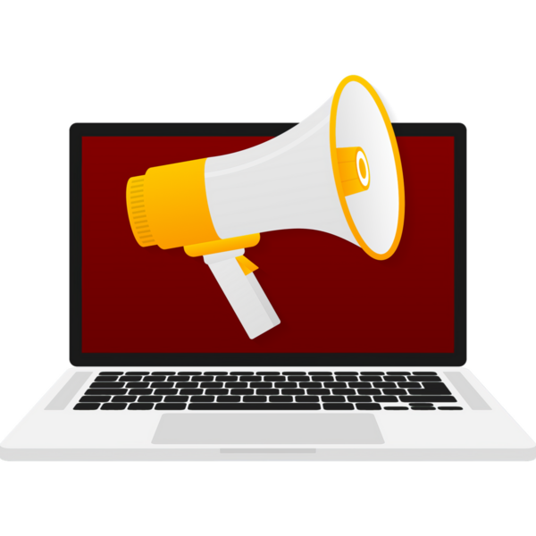 Laptopla megafon işareti. İnternet reklamı. Düz çizim. Sosyal medya.