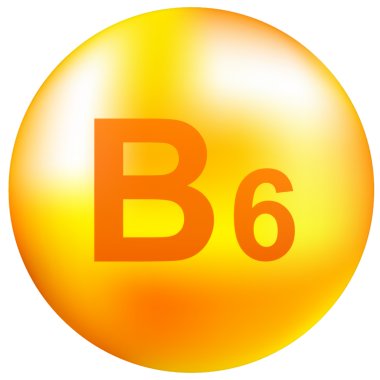 Gri arka planda gerçekçi bir düşüş gösteren B6 vitamini. Vitamin parçacıkları ortada. Vektör illüstrasyonu