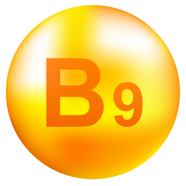 Gri arka planda gerçekçi bir düşüş gösteren B9 vitamini. Vitamin parçacıkları ortada. Vektör illüstrasyonu