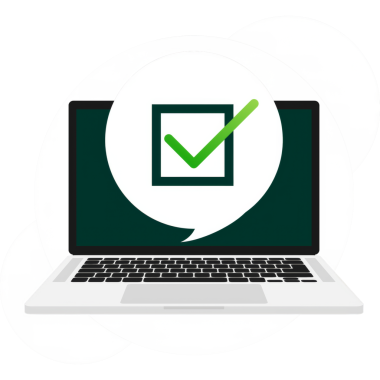 Dizüstü bilgisayar tik uyarısını onayladı, başarılı işlem denetimi işareti. İşaretli dizüstü bilgisayar bildirimi