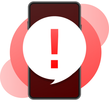 Kırmızı arka planda tehlike işareti olan akıllı telefon. Vektör illüstrasyonu