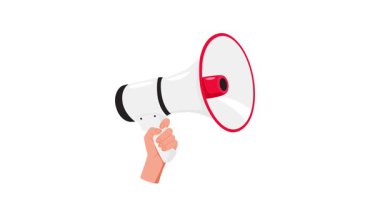 Beyaz ve yeşil ekran arkaplan ile el ele tutuşan megafon