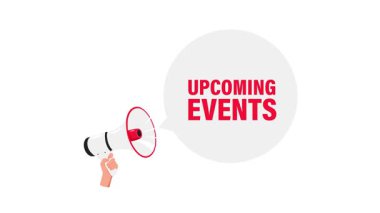 Beyaz ve krom anahtar arka planlarında megafonla yaklaşan olayların çizgi film animasyonu duyurusu