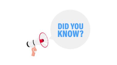 Metni olan bir megafonu tutan bir elin çizgi film animasyonu. Beyaz ve yeşil ekran arka planında biliyor muydunuz?