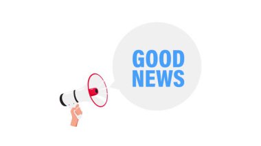 Beyaz ve yeşil ekran arka planında iyi haber sunan megafonla el ele tutuşmanın çizgi film animasyonu