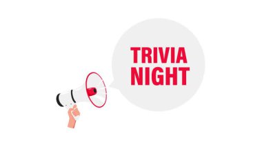 Beyaz ve yeşil ekran arka planında trivia gece konuşma balonu ile el ele megafon.
