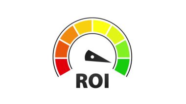 Yatırım ROI Anahtarı Performans Göstergesine Dönüş KPI metre canlandırması beyaz ve mavi ekranda