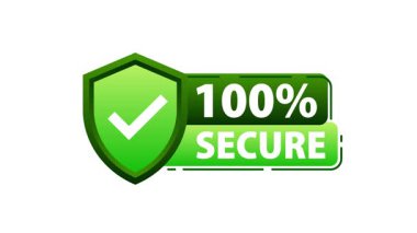 Hareketli yeşil kalkan, işaretli ve metin% 100 güvenli beyaz ve mavi ekranda.