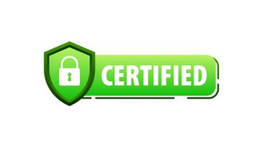 Beyaz ve mavi arkaplanda simge canlandırması ile yeşil sertifikalı rozet