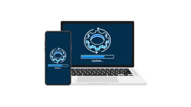 Sistem yazılımını güncelleyen, beyaz ve yeşil ekran arkaplanlarında bir yükleme çubuğu ve dişli simgeleri içeren aygıtlar