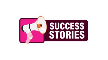 Beyaz ve yeşil ekran arka planında izole edilmiş megafonla başarı hikayeleri duyurusu