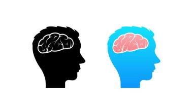 Beyaz ve yeşil ekran arka planında stilize edilmiş bir beyni olan insan kafası silueti.