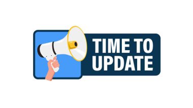 Beyaz ve yeşil ekran arkaplanındaki metni güncellemek için zamanı olan el ele tutuşan megafon