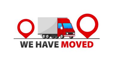 Animasyon dağıtım kamyonu, beyaz ve yeşil ekran arka planlarında, iki harita iğnesi arasında yer değiştirme ya da teslimat hizmetini sembolize ediyor.