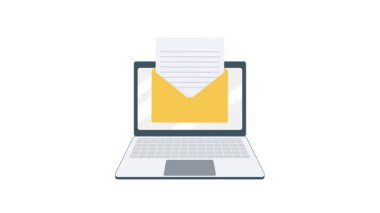 Beyaz ve yeşil ekran arkaplan üzerindeki bir dizüstü bilgisayarda canlandırılmış e- posta iletisi zarfı