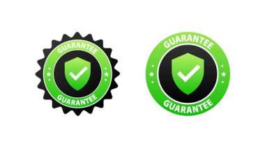 Beyaz ve mavi arkaplanda dönen işaretli ve kalkanlı etiketi garantile.