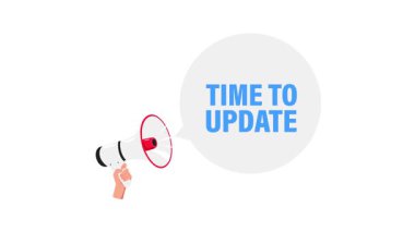 Beyaz ve yeşil ekran arkaplanındaki konuşma baloncuğunu güncellemek için zamanı olan el ele tutuşan megafonun canlandırması