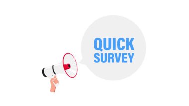 Beyaz ve yeşil ekran arka planında hızlı bir anket konuşma baloncuğu olan megafonu tutan bir elin çizgi film animasyonu