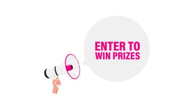 Beyaz ve yeşil ekran arkaplanındaki konuşma baloncuğu ödülünü kazanmak için giriş yapan megafonla el ele tutuşun