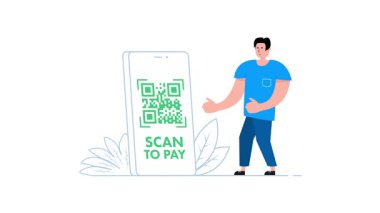 Çevrimiçi ödeme için akıllı telefon ekranında qr kodu gösteren bir adam, beyaz ve yeşil ekranda izole edilmiş