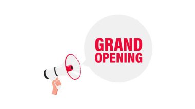 Beyaz ve yeşil ekran arka planında büyük açılış konuşması baloncuğu olan el ele tutuşan megafon