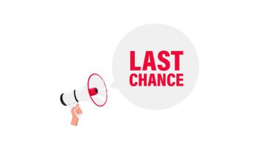 Beyaz ve yeşil ekran arka planında son şans konuşma baloncuğu olan bir el megafonunun çizgi film animasyonu