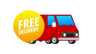 Beyaz ve yeşil ekranda izole edilmiş ücretsiz teslim işaretli kırmızı minibüs animasyonu