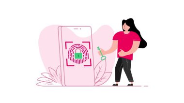 Beyaz ve yeşil ekranda akıllı telefonu parmak izi tarayıcısıyla açan bir kadının canlandırması