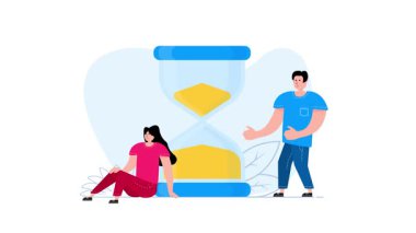 Canlandırılmış karakterler ve kum saati, bekleme ve zaman yönetimini sembolize ediyor, beyaz ve yeşil ekran arka planında kolay krom anahtarlama için