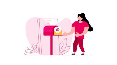 Akıllı telefon ve posta kutusu kullanan, beyaz ve yeşil ekranlarda izole edilmiş bir kadının e-posta gönderme canlandırması