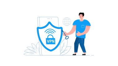 Beyaz ve yeşil ekranlarda izole edilmiş bir kalkan ve küresel ağa sahip akıllı bir telefondan VPN hizmeti veren bir adamın çizgi film animasyonu
