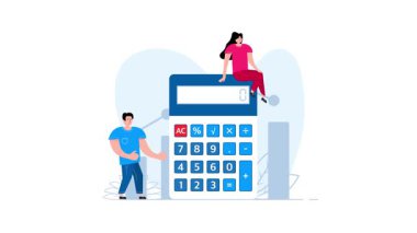 İş ekibi, beyaz ve yeşil ekranlarda izole edilmiş dev bir hesap makinesinin mali tablolarını ve istatistiklerini analiz ediyor.