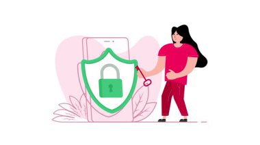 Kalkandaki asma kilidi açmak için anahtar kullanan bir kadın akıllı telefonu koruyor, beyaz ve yeşil ekran arka planında