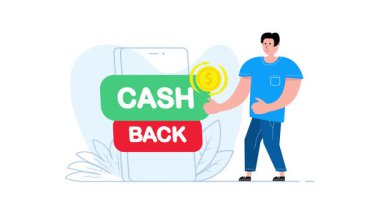 Bir cep telefonu uygulamasından nakit para alan adam, beyaz ve yeşil ekranda izole edilmiş.