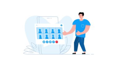 Akıllı telefondan video konferansı kullanan bir adamın canlandırması, beyaz ve yeşil ekran arkaplanı ile kullanılabilir