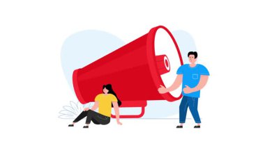 Çok yönlü kullanım için beyaz ve yeşil ekran arkaplanlarında sunulan megafonla etkileşen canlandırılmış karakterler