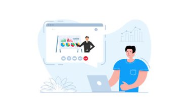 Çevrimiçi toplantıya katılan iş adamı, meslektaşı ile görüntülü konuşma için bilgisayar kullanıyor, beyaz ve yeşil ekranda izole edilmiş grafikler