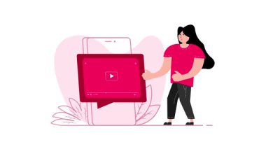 Akıllı telefon ve video oynatıcı arayüzü ile etkileşimde olan bir kadının animasyonu, çeşitli projelerde çok yönlü kullanım için hem beyaz hem de yeşil ekran arka planında sunulmuştur