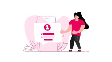 Cep telefonu giriş ekranını sunan canlandırılmış kadın, beyaz ve yeşil ekranda izole edilmiş.