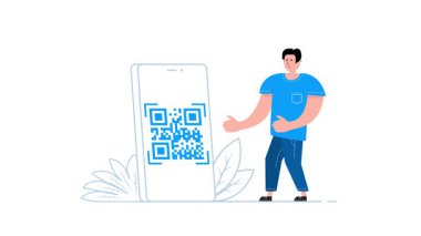 Beyaz ve yeşil ekranda akıllı telefon ekranında qr kodu gösteren animasyon adam