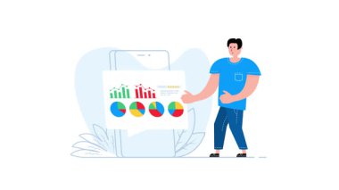 Akıllı telefonda yeşil ekran arkaplanlı bilgi sunan işadamı