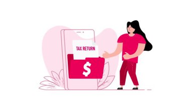 Akıllı telefondan vergi beyannamesi dolduran animasyon kadın, beyaz ve yeşil ekran arka planıyla kullanılabilir